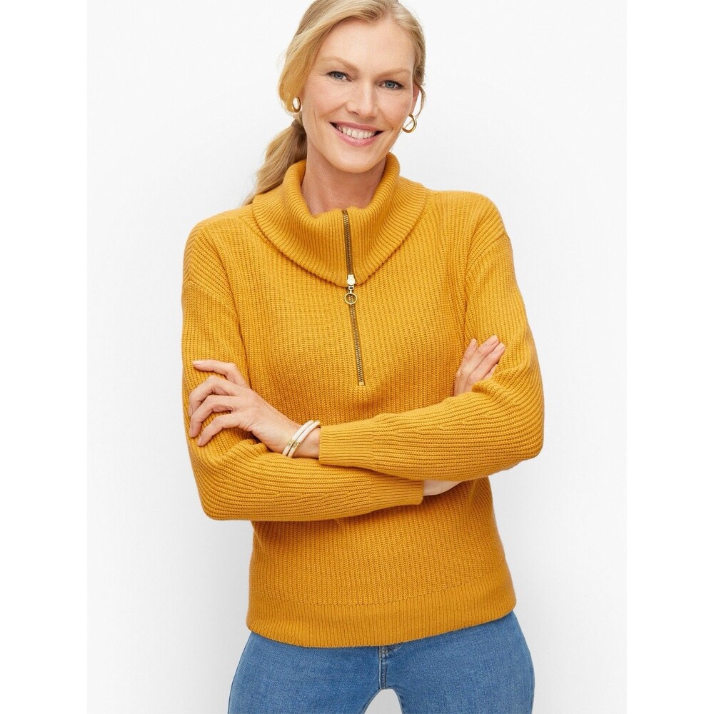 Talbots Womens SP Zip Shawl Collar Sweater Mustard Yellow Cotton Blend Pullover